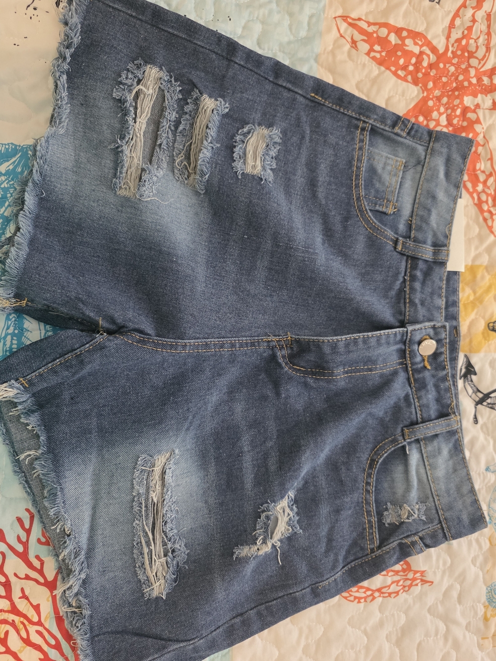 SHEIN Distressed Dark Blue Denim Shorts with Frayed Hem